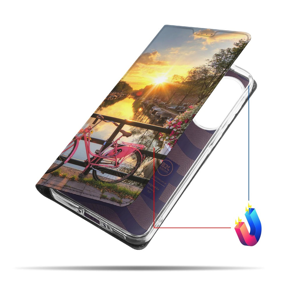Samsung Galaxy A37 Book Cover Amsterdamse Grachten standcase zonsondergang fiets water zijkant.