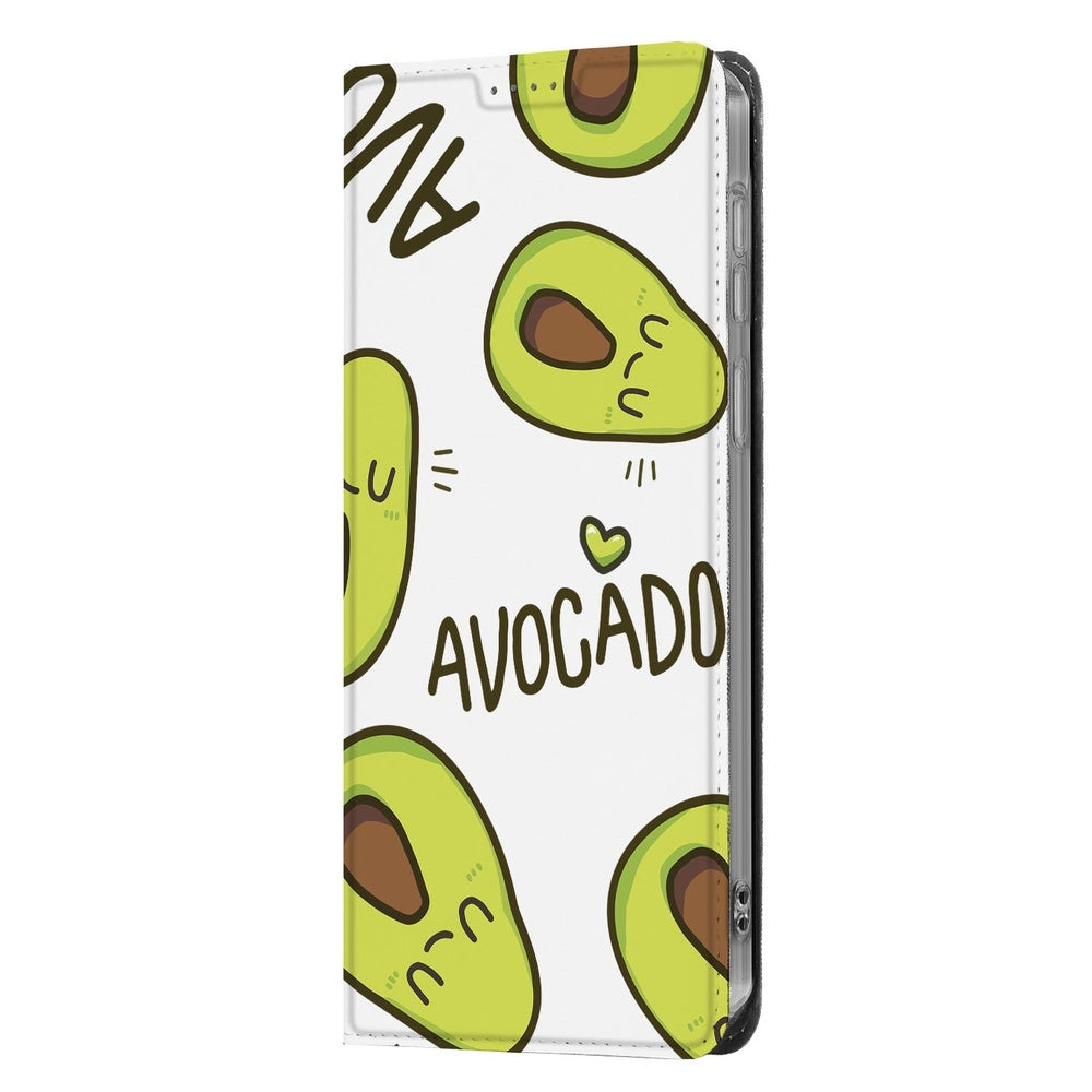 Samsung Galaxy A37 Flip Style Cover Avocado Singing design avocados in het wit zijaanzicht.
