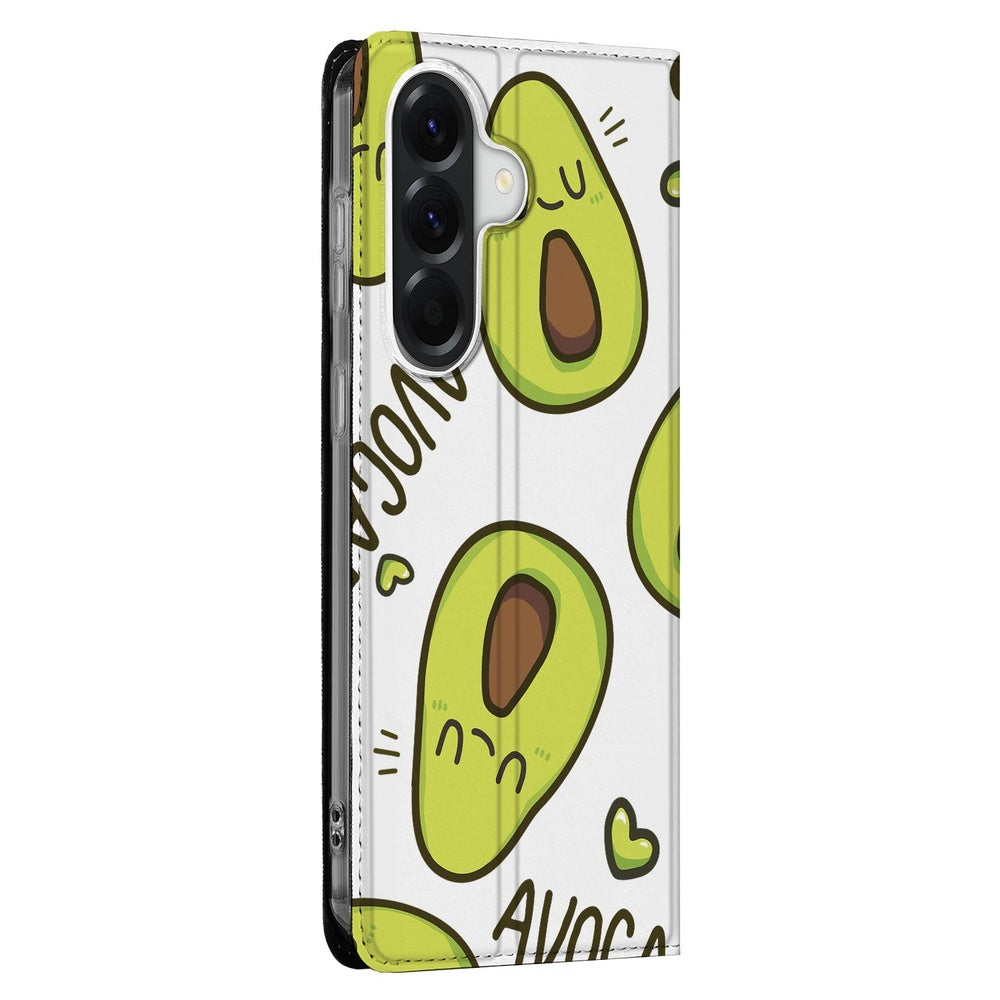 Samsung Galaxy A37 Flip Style Cover Avocado Singing design Avocado Singing zijaanzicht.