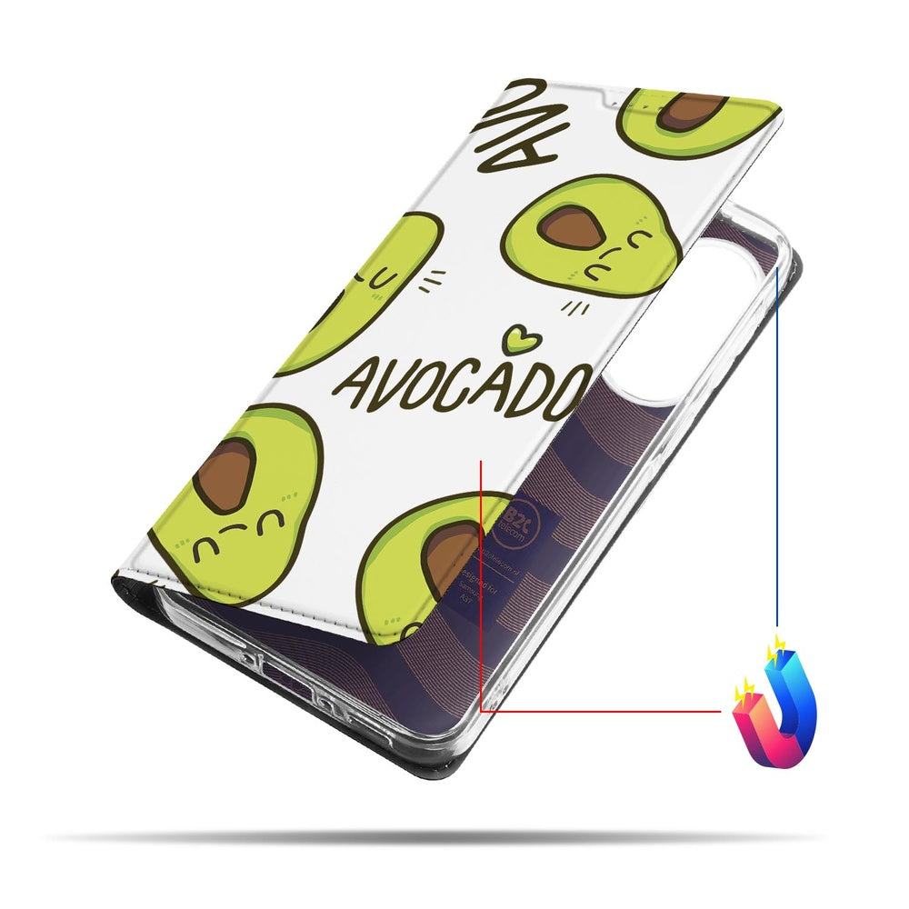 Samsung Galaxy A37 Flip Style Cover Avocado Singing Avocado ontwerp voorkant.