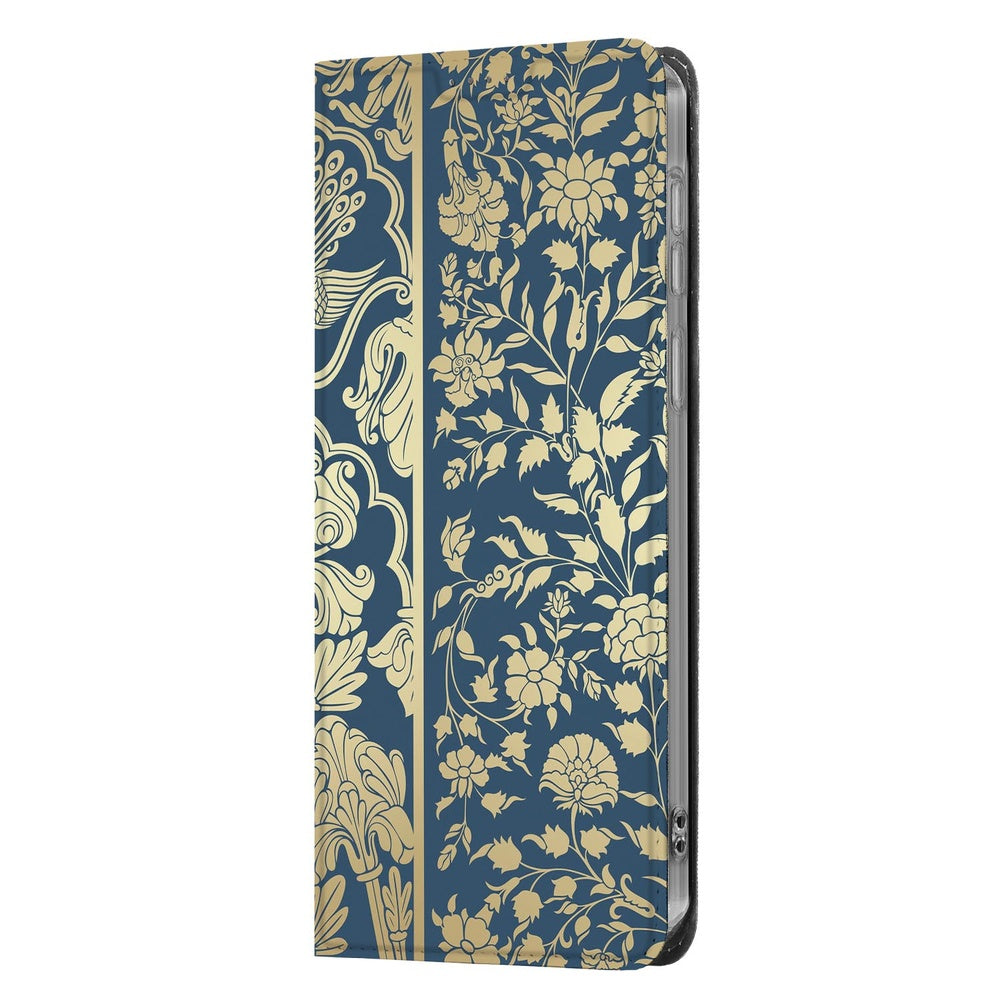 Samsung Galaxy A37 Book Case Beige Flowers donkerblauw bloemenmotief zijaanzicht.