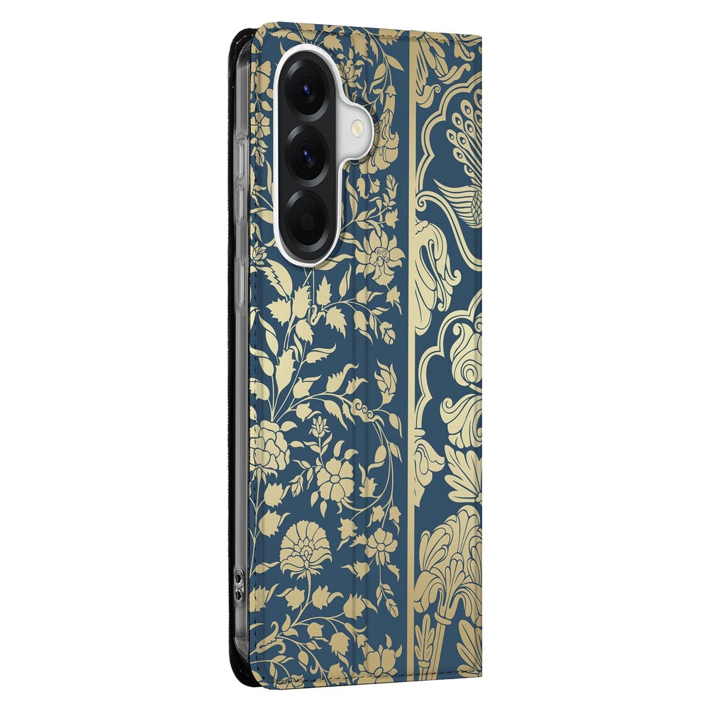 Samsung Galaxy A37 Book Case Beige Flowers design donkerblauw bloemmotieven zijaanzicht.