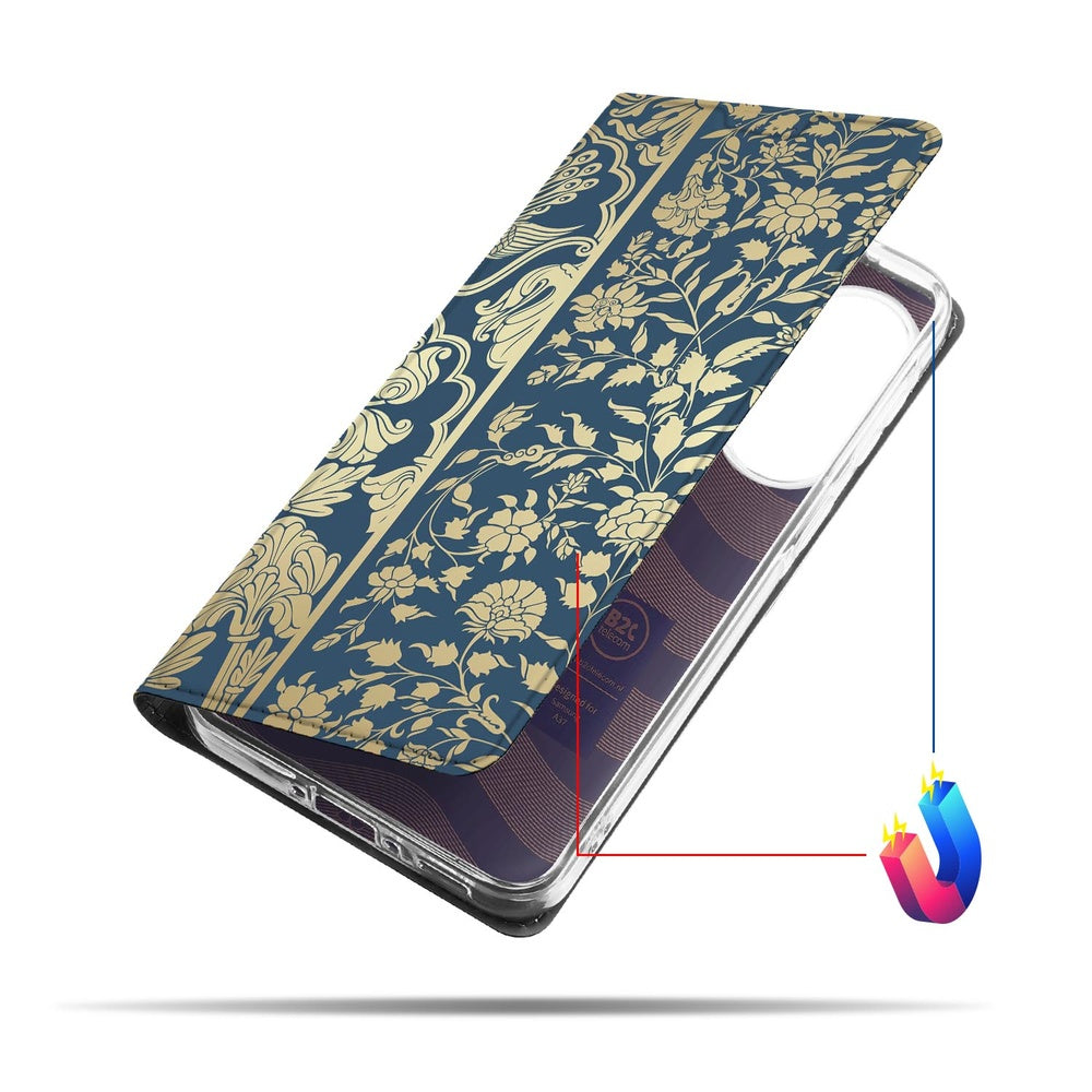 Samsung Galaxy A37 Book Case Beige Flowers donkerblauwe achtergrond met beige bloemen zijkant.