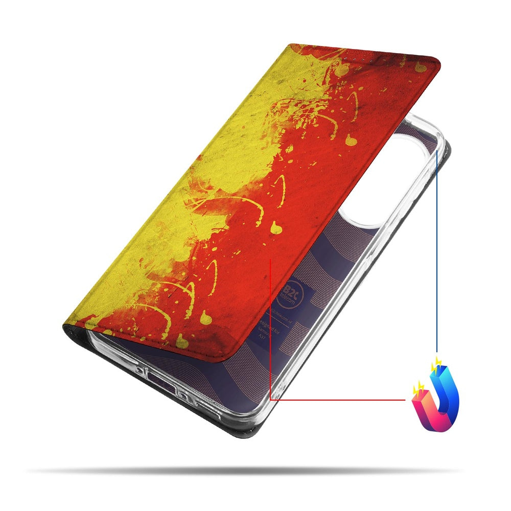 Samsung Galaxy A37 Book Cover Belgie Standcase zwart met geel en rood ontwerp zijaanzicht.