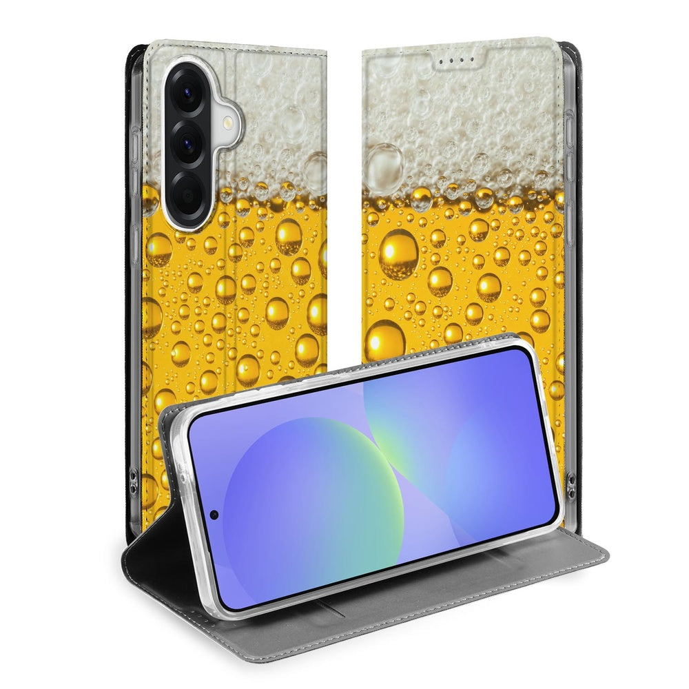 Samsung Galaxy A37 Bookcase Bier Flip Style Cover Bier aanzicht met smartphone in geopend. 