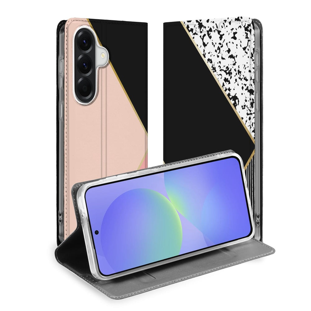 Samsung Galaxy A37 Bookcase Hoesje Black Pink Shapes bookcase hoesje zwart roze vormen front en open stand.