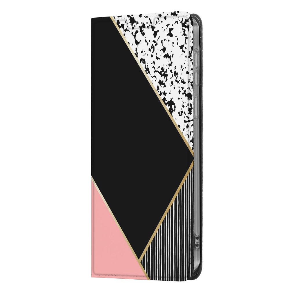 Samsung Galaxy A37 Bookcase Hoesje Black Pink Shapes zwart roze vormen zijaanzicht.