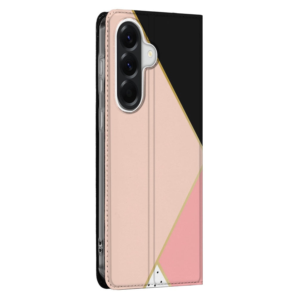 Samsung Galaxy A37 Bookcase Hoesje Black Pink Shapes zwarte vlakken roze accenten ontworpen met een slimme standfunctie.