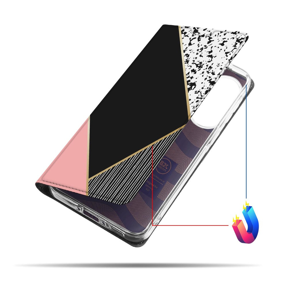 Samsung Galaxy A37 Bookcase Hoesje Black Pink Shapes Hoesje in zwart roze vormen en accenten schuin aanzicht.