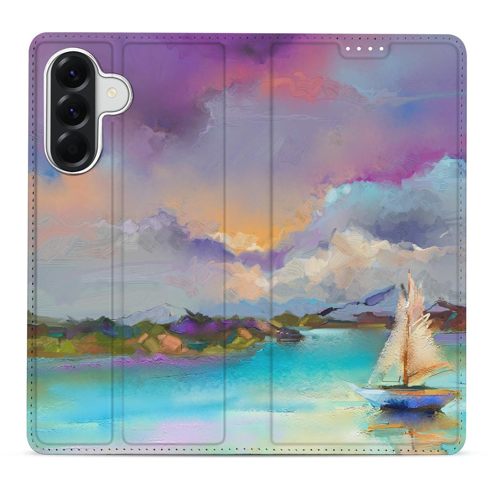 Samsung Galaxy A37 Book Cover Boat design kleurrijk landschap maritiem.