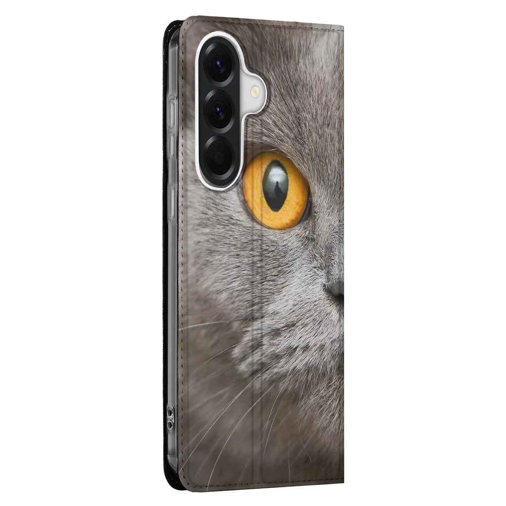 Samsung Galaxy A37 Telefoonhoesje Britse Korthaar grijze kattenprint met gele ogen zijkant zicht.