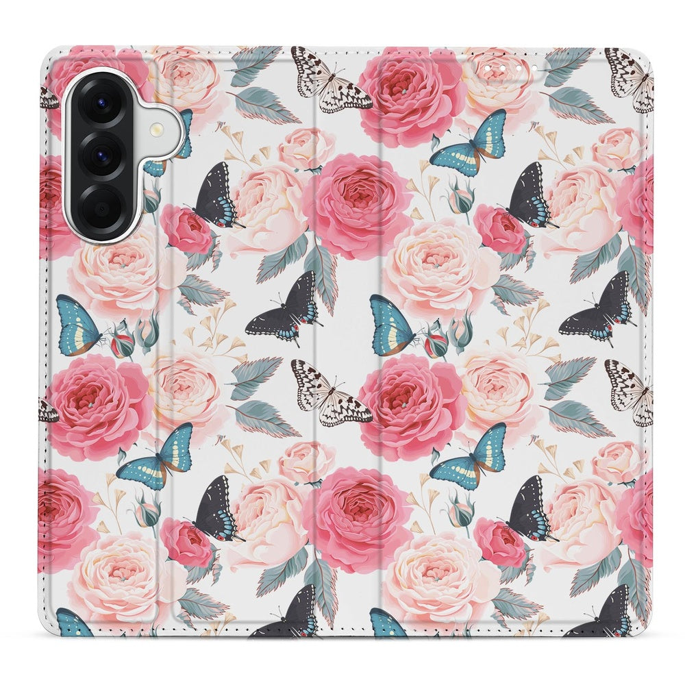 Samsung Galaxy A37 Bookcase Hoesje Butterfly Roses Design Butterfly Roses Aanzicht.