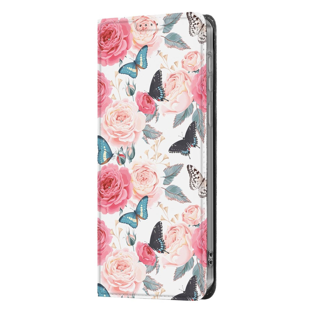 Samsung Galaxy A37 Bookcase Hoesje Butterfly Roses design met rozen en vlinders zijkant.
