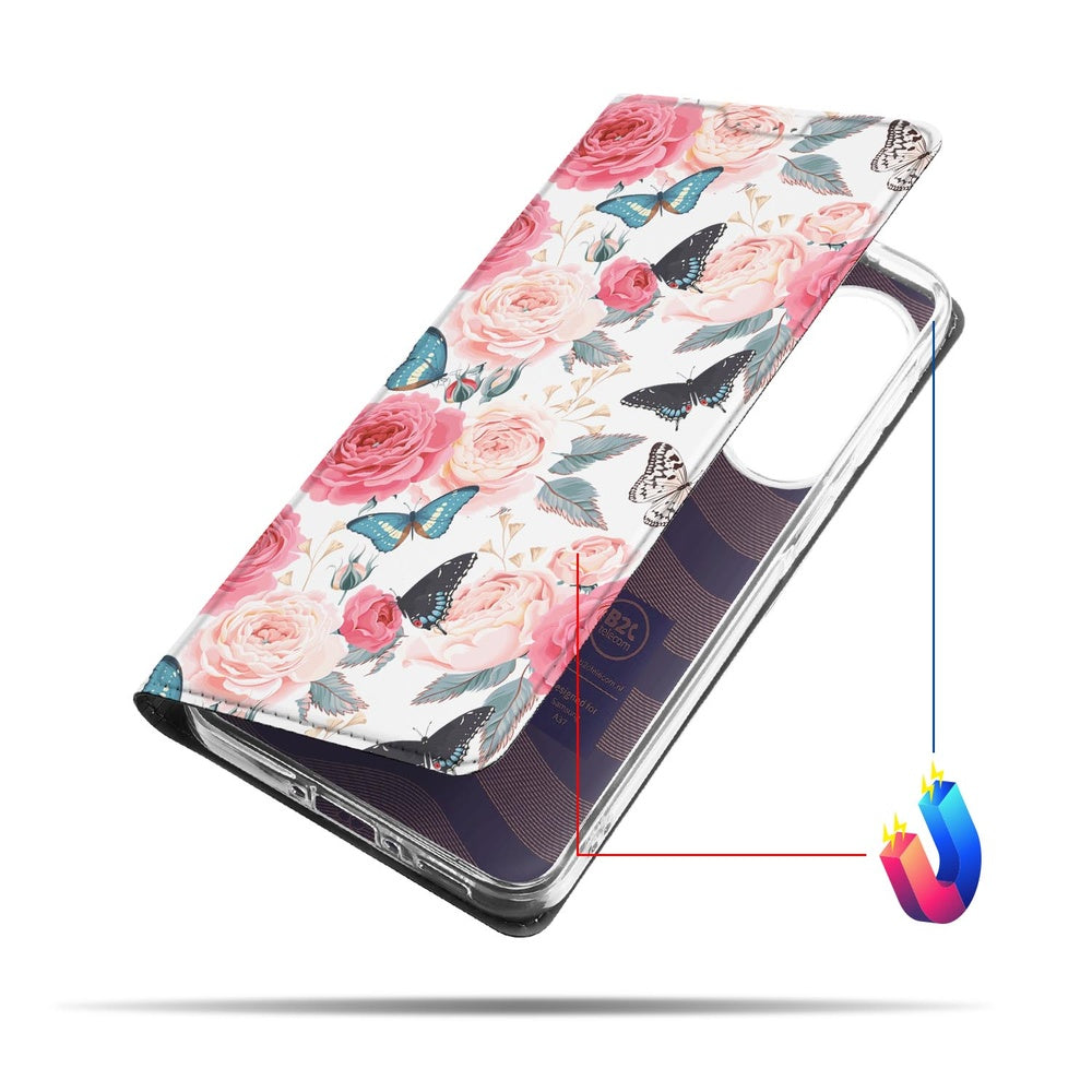 Samsung Galaxy A37 Bookcase Hoesje Butterfly Roses design met vlinders en rozen, zijaanzicht.