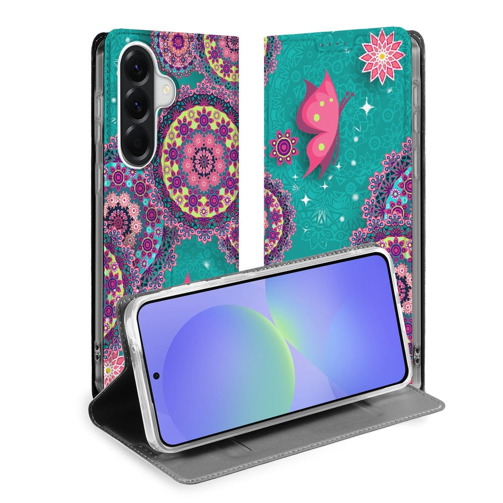 Samsung Galaxy A37 Flip Style Cover Cirkels en Vlinders design met cirkels en vlinders geopend aanzicht.