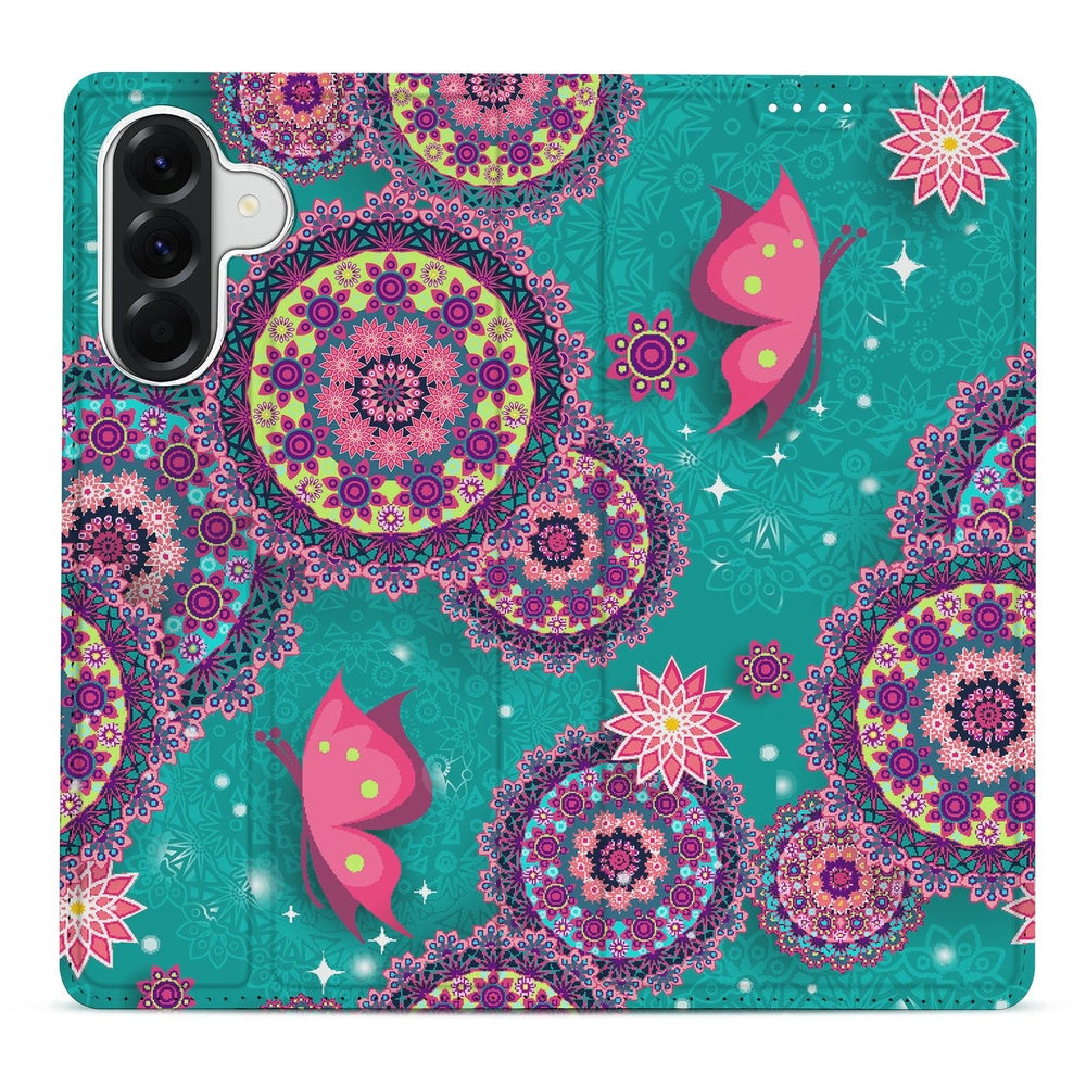 Samsung Galaxy A37 Flip Style Cover Cirkels en Vlinders cirkels en vlinders design bovenaanzicht.