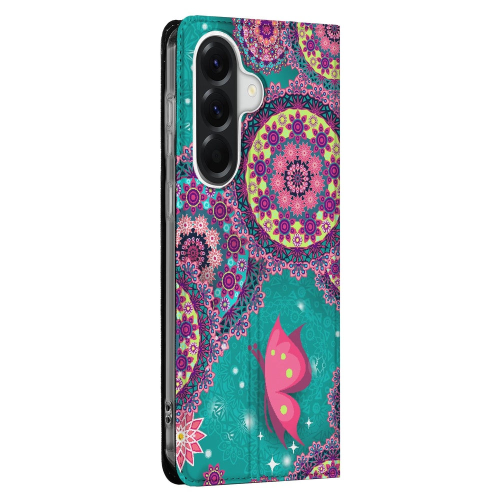 Samsung Galaxy A37 Flip Style Cover Cirkels en Vlinders design cirkels vlinders zijaanzicht.