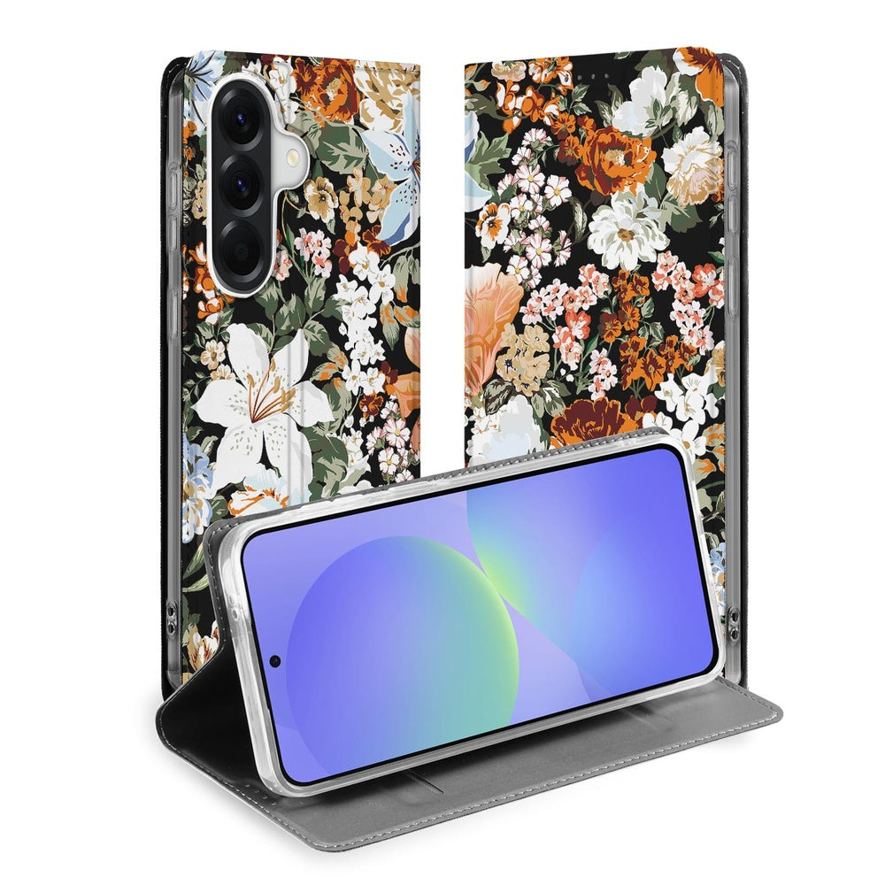 Samsung Galaxy A37 Standcase Hoesje Dark Flowers Design Dark Flowers Aanzicht voorzijde en schuin.