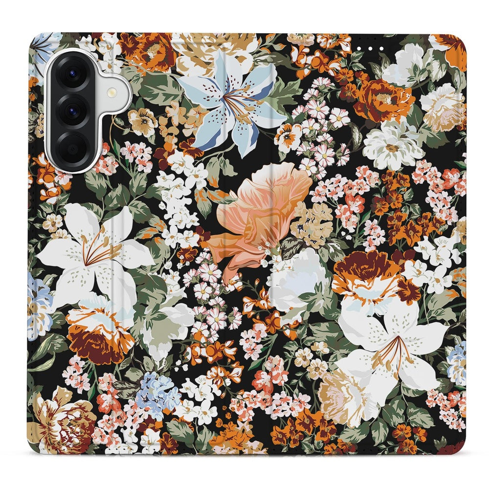 Samsung Galaxy A37 Standcase Hoesje Dark Flowers bloemenprint zwart uitzicht.