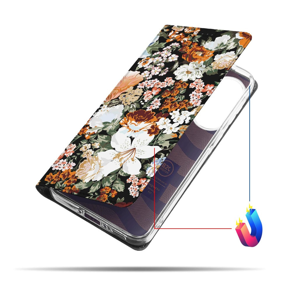 Samsung Galaxy A37 Standcase Hoesje Dark Flowers bloemenprint voorzijde.