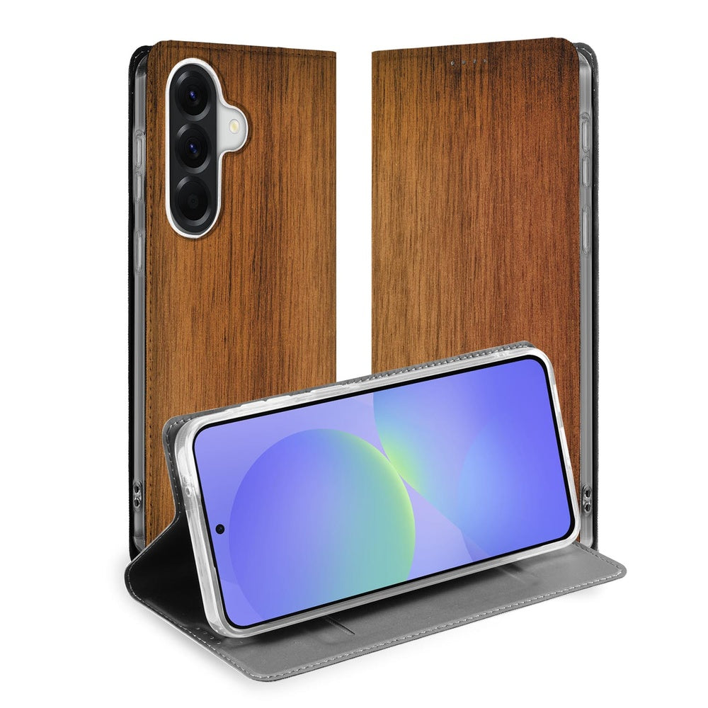 Samsung Galaxy A37 Flip Style Cover Donker Hout Flip Style Cover Donker Hout Aanzicht voorzijde.