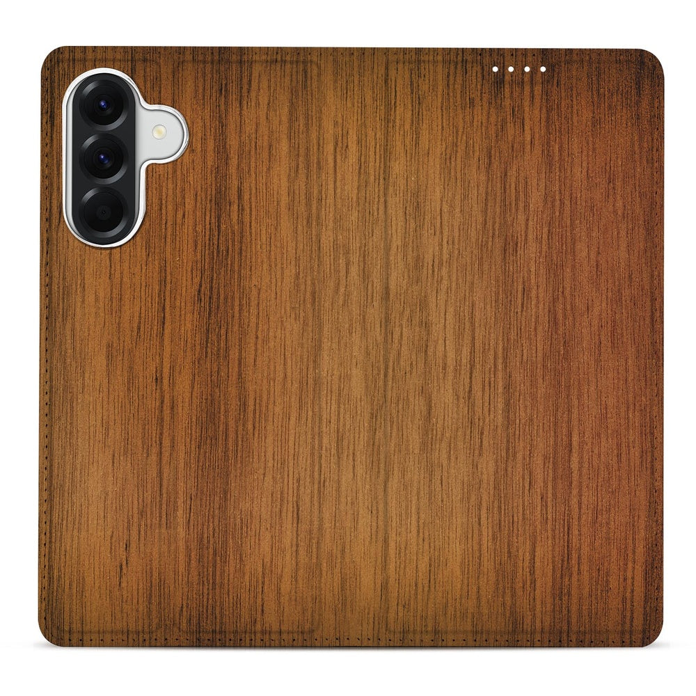 Samsung Galaxy A37 Flip Style Cover Donker Hout Houten print achterkant.