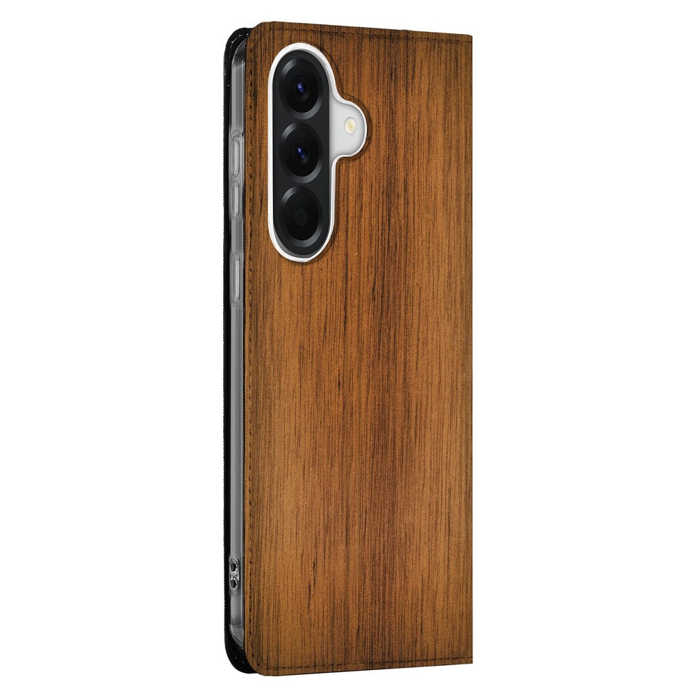 Samsung Galaxy A37 Flip Style Cover Donker Hout Donkerhouten print zijaanzicht.