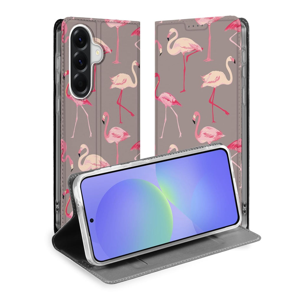 Samsung Galaxy A37 Standcase Hoesje Flamingo Flamingo patroon grijs en roze openstaand.
