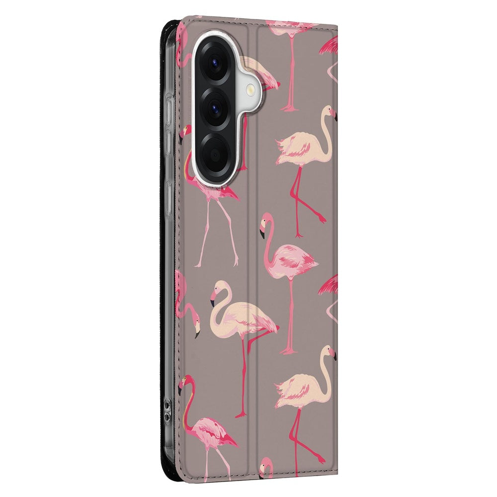 Samsung Galaxy A37 Standcase Hoesje Flamingo flamingo patroon rood lichtroze zijaanzicht.
