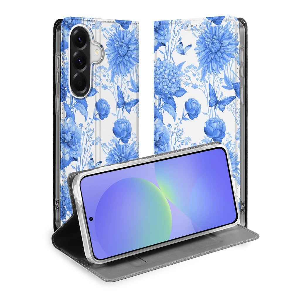 Samsung Galaxy A37 Book Case Flowers Blue boekhoes bloemenprint blauwe kleuren open vooraanzicht.