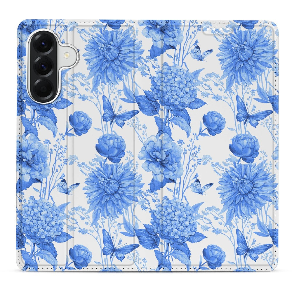 Samsung Galaxy A37 Book Case Flowers Blue design bloemen blauw achterzijde.