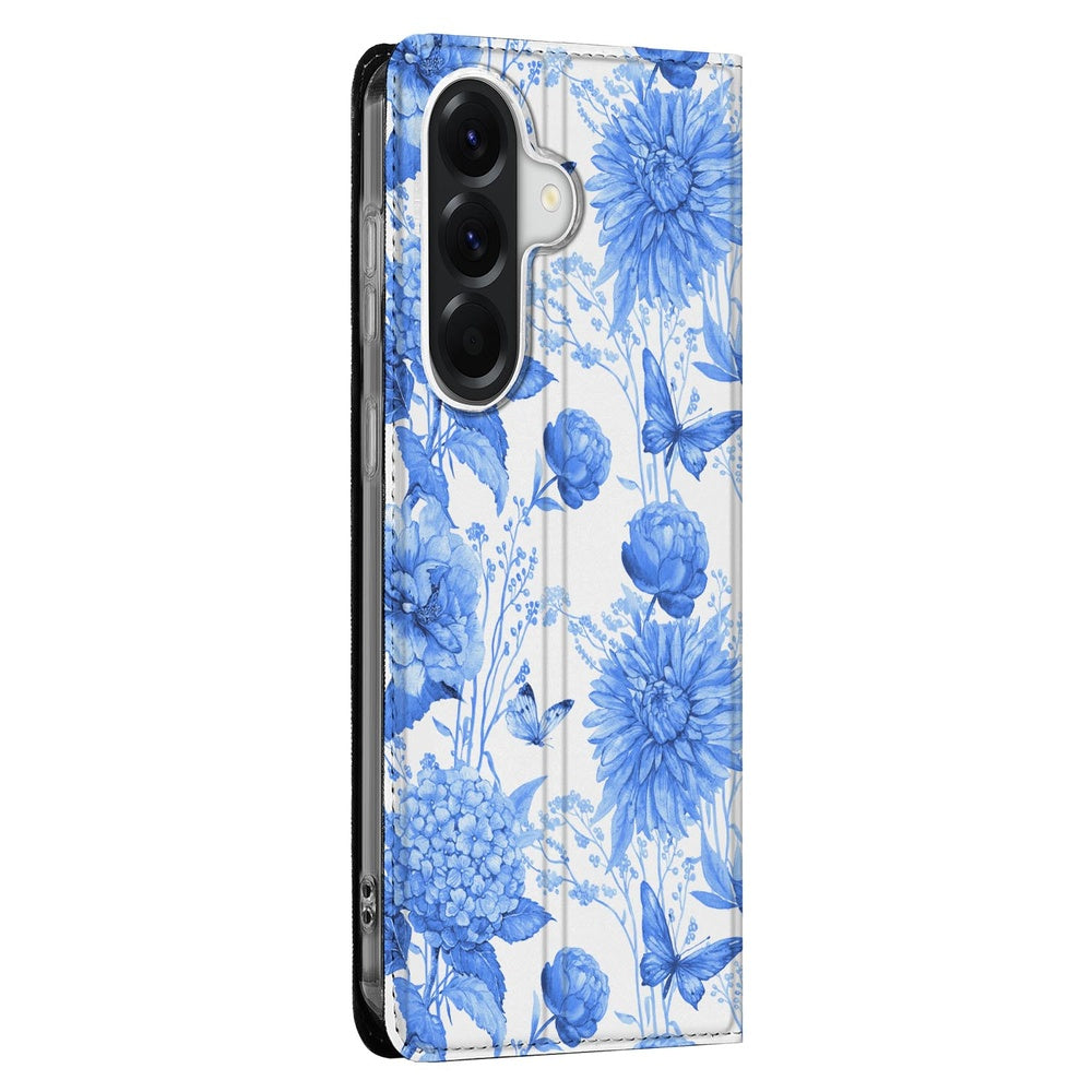 Samsung Galaxy A37 Book Case Flowers Blue boekhoes bloemprint blauw zijkant.