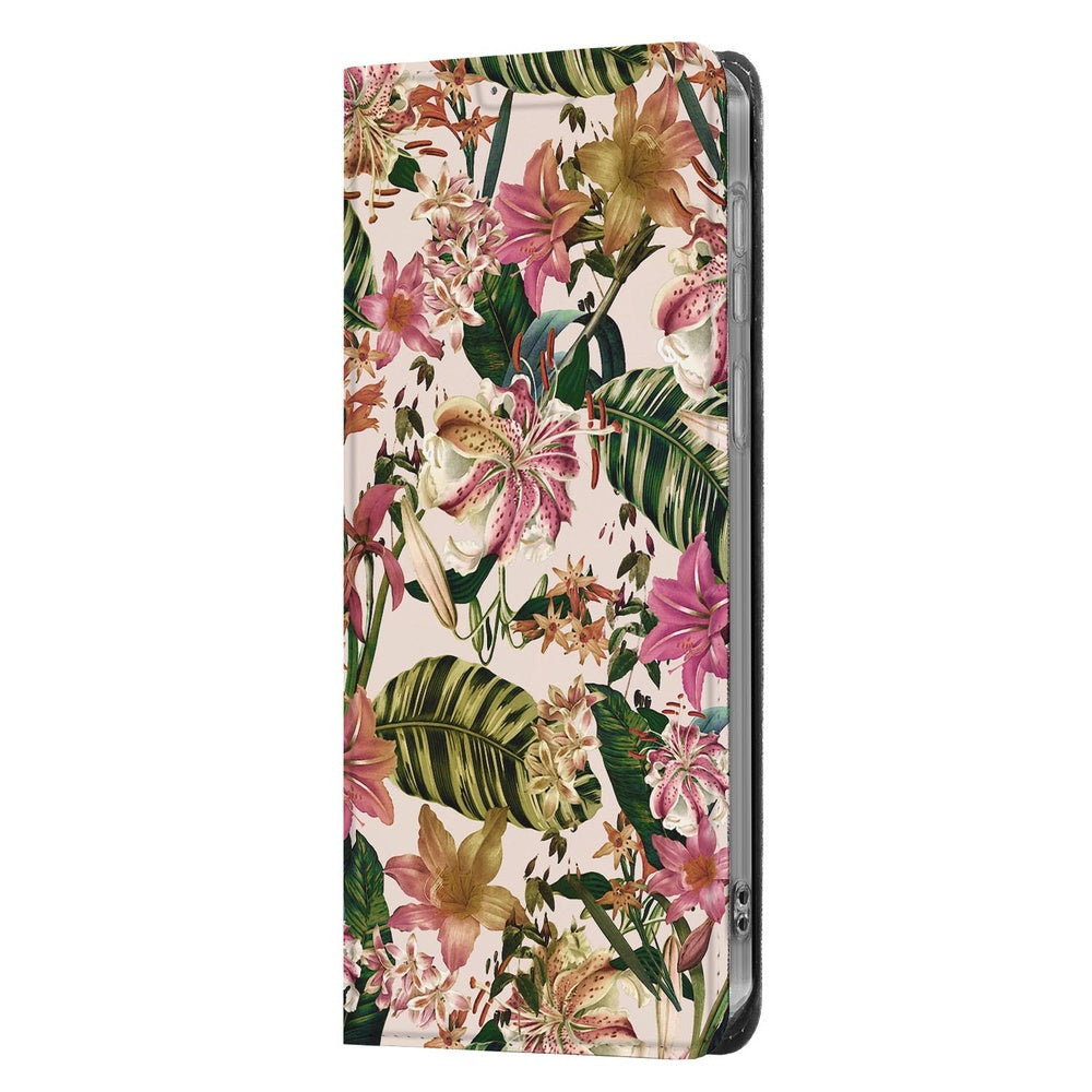 Samsung Galaxy A37 Smart Cover Hoesje Flowers Flowers-design paars-wit groen bladeren zijkant.