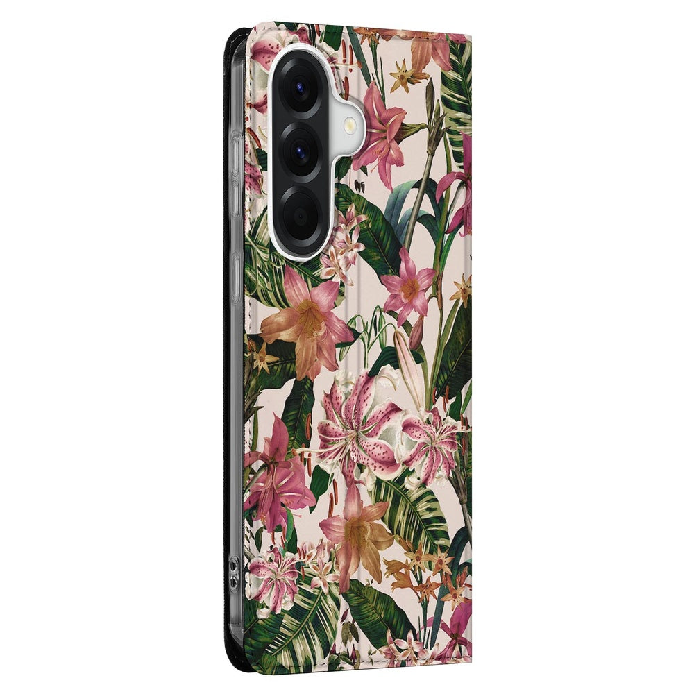 Samsung Galaxy A37 Smart Cover Hoesje Flowers bloemenprint met groene bladeren zijaanzicht.
