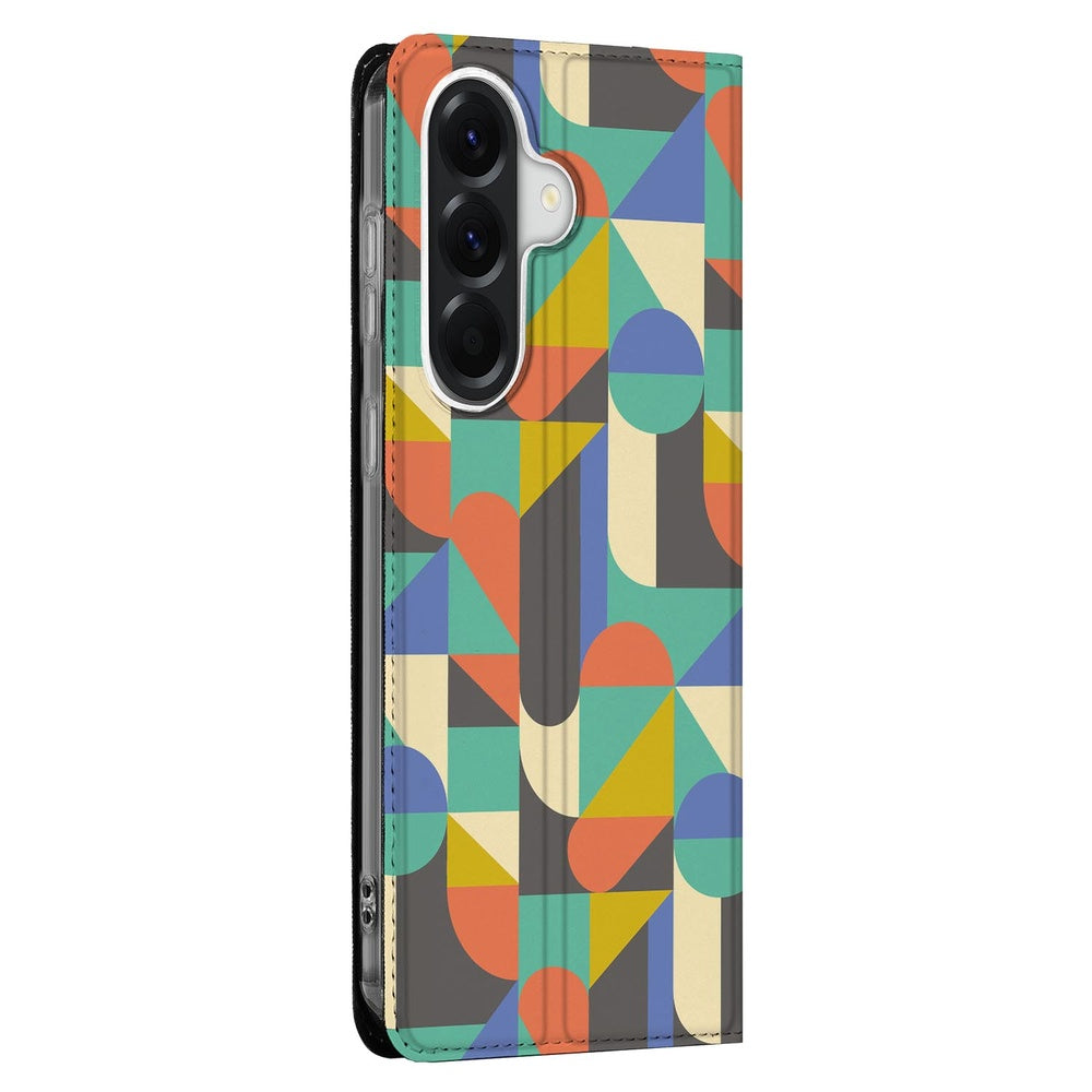 Samsung Galaxy A37 Book Case Funky Retro design kleurrijk geometrisch patroon zijaanzicht.
