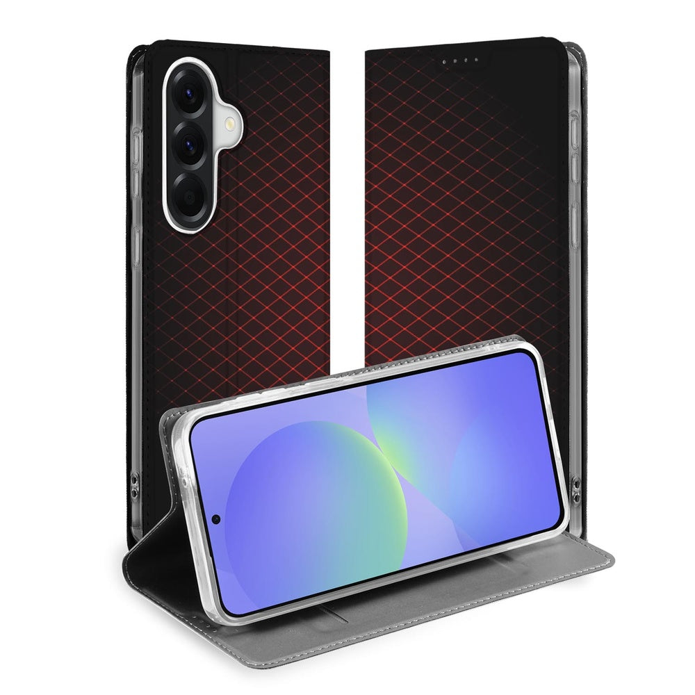 Samsung Galaxy A37 Bookcase Geruit Rood openstaand met zwart-rode ontwerp en smartphone zichtbaar.