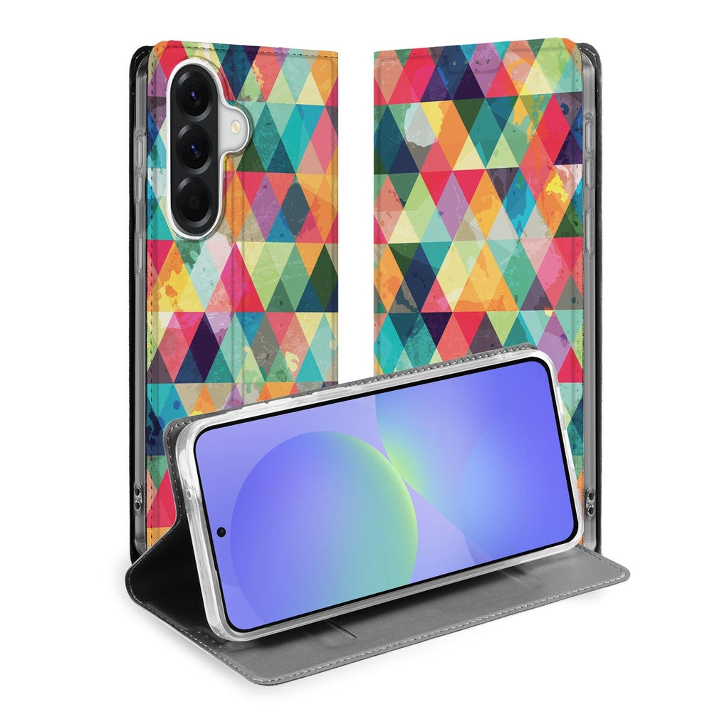 Samsung Galaxy A37 Book Cover Geruit Ruitpatroon Kleurrijk Aanzicht.