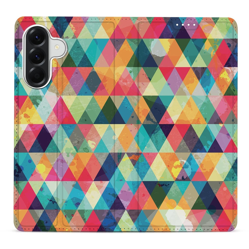 Samsung Galaxy A37 Book Cover Samsung Galaxy A37 Geruit kleurrijk driehoekpatroon achteraanzicht.