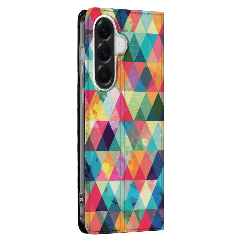 Samsung Galaxy A37 Book Cover Geruit kleurrijk ruitpatroon zijkant.