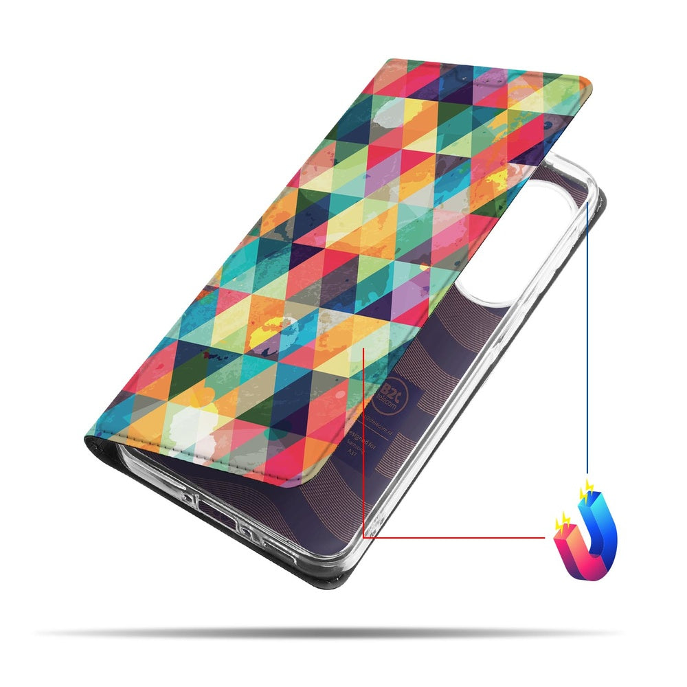 Samsung Galaxy A37 Book Cover Samsung Galaxy A37 Geruit kleurrijk geometrisch patroon zijaanzicht.