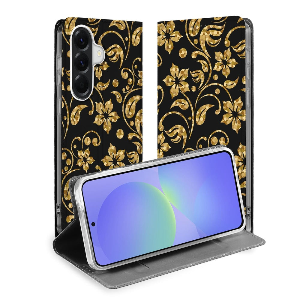 Samsung Galaxy A37 Book Case Telefoonhoesje Gouden Bloemen Open Aanzicht.