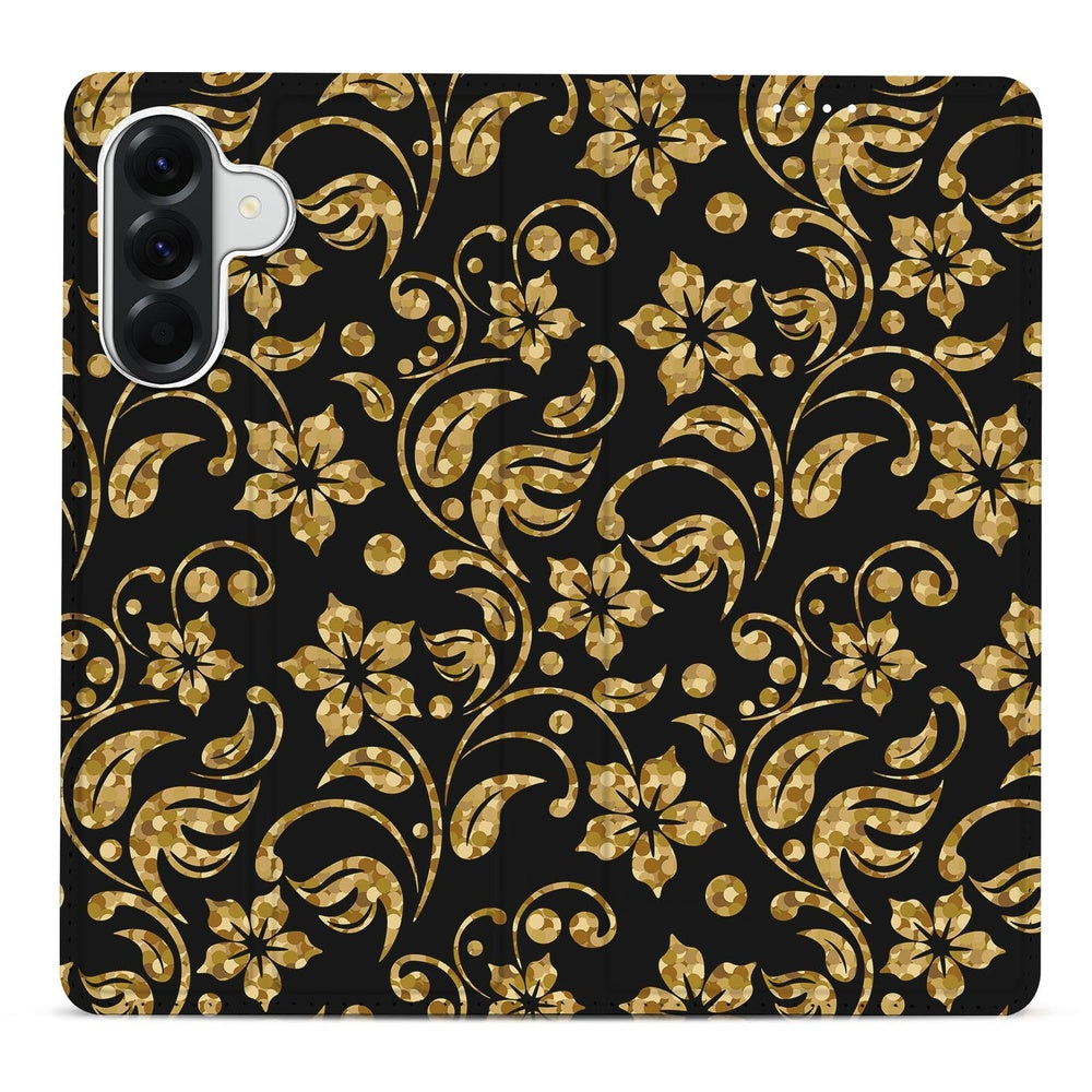 Samsung Galaxy A37 Book Case Telefoonhoesje Gouden Bloemen achterkant met bloemendessin op zwarte achtergrond.