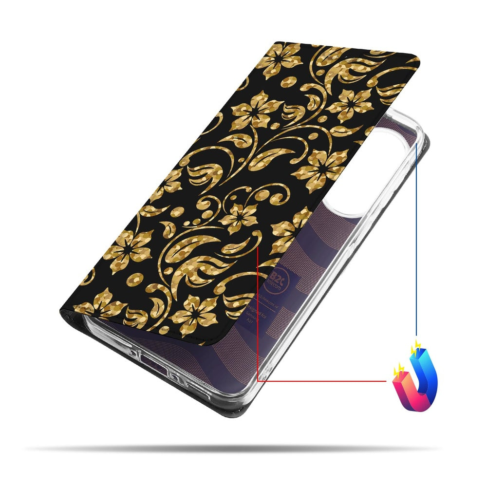 Samsung Galaxy A37 Book Case Telefoonhoesje Gouden Bloemen Zijkant met zwarte achtergrond.