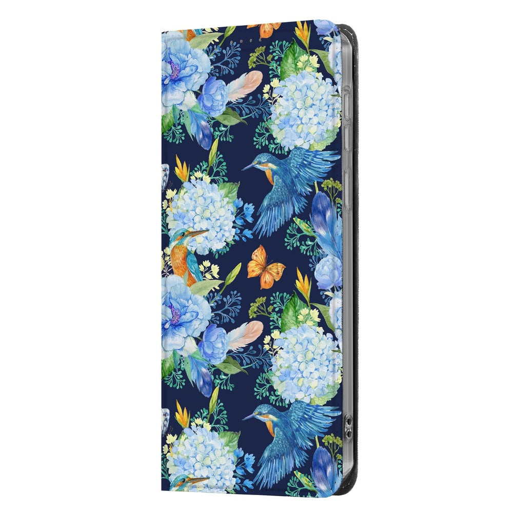 Samsung Galaxy A37 Bookcase Hoesje IJsvogel blauwgroen bloemen design zijaanzicht.