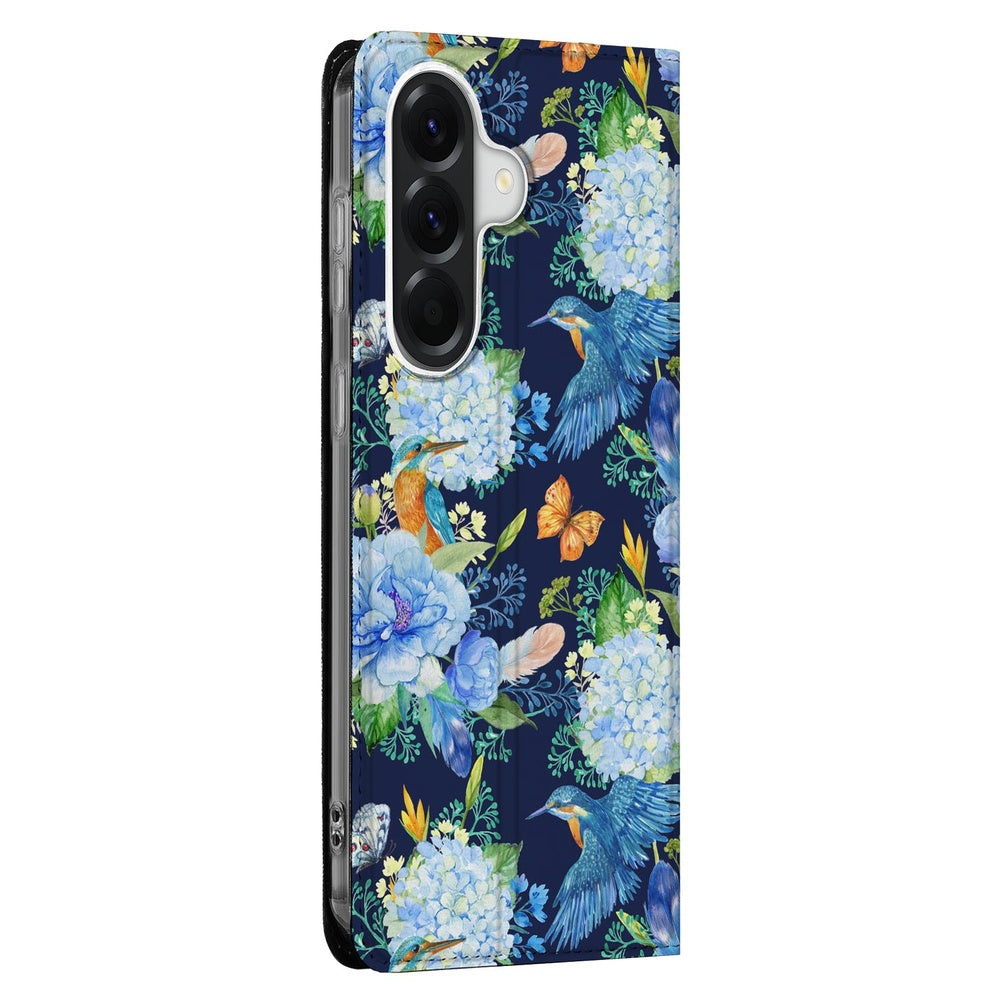 Bookcase Hoesje Samsung Galaxy A37 IJsvogel bloemen vlinders design zijaanzicht.
