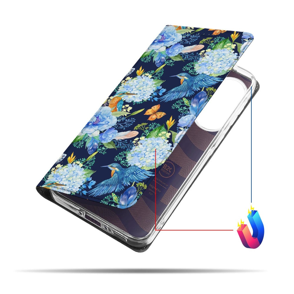 Samsung Galaxy A37 Bookcase Hoesje IJsvogel donkerblauw bloemen design zijaanzicht.