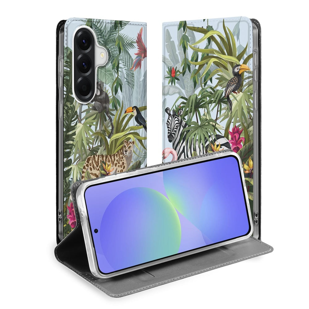 Samsung Galaxy A37 Bookcase Hoesje Jungle design open met tropisch motief en smartphone zichtbaar.