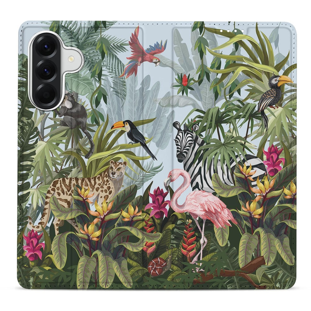 Samsung Galaxy A37 Bookcase Hoesje Jungle tropisch design met dieren en bloemen.