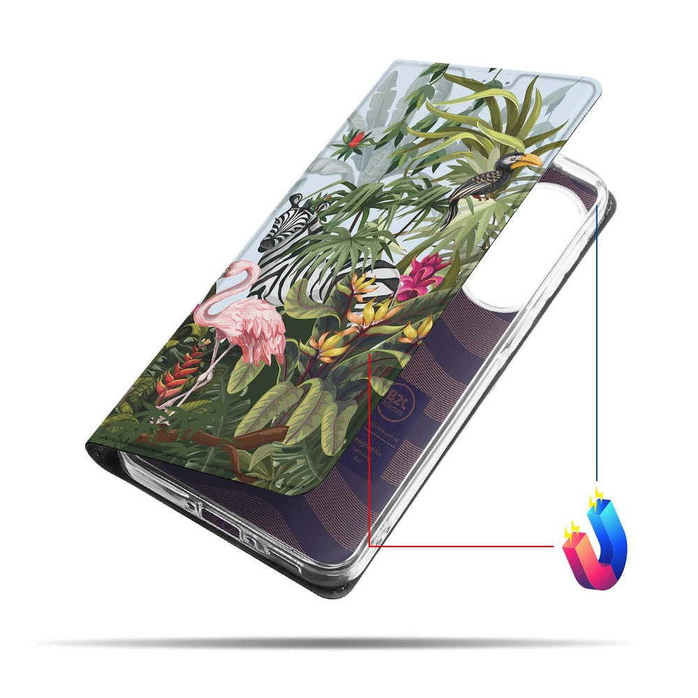 Bookcase Hoesje Samsung Galaxy A37 Jungle jungle design met tropische bladeren en dieren zijaanzicht.