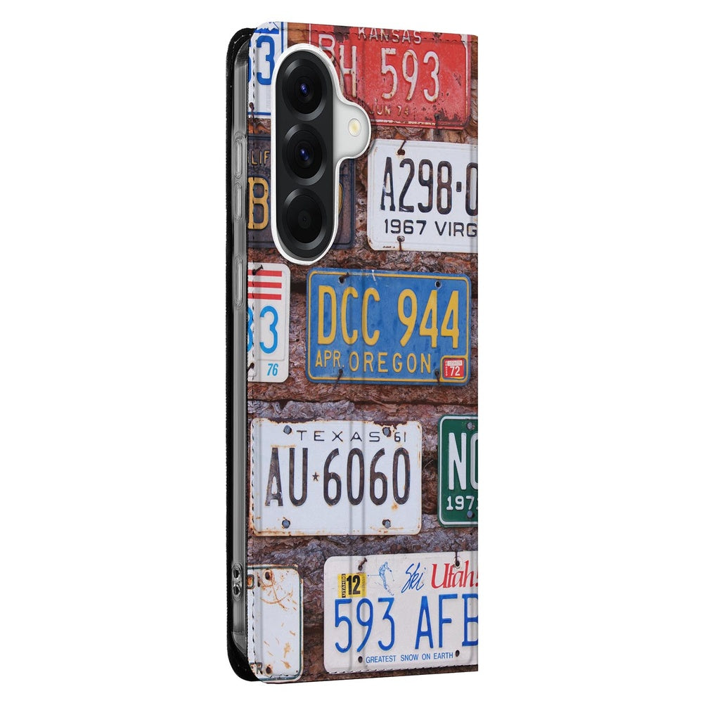 Samsung Galaxy A37 Book Case Kentekenplaten Amerikaanse kentekenplaten design zijaanzicht.